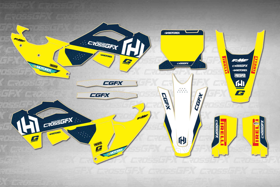 Husqvarna TX 300 2023-2024 Horizon Yellow graphics kit - flat layout showing all decal pieces included