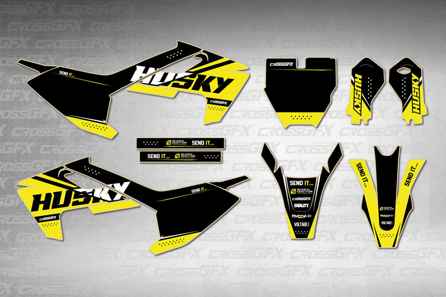 Husqvarna EE 5 2019-2024 Husky Yellow graphics kit - flat layout showing all decal pieces included