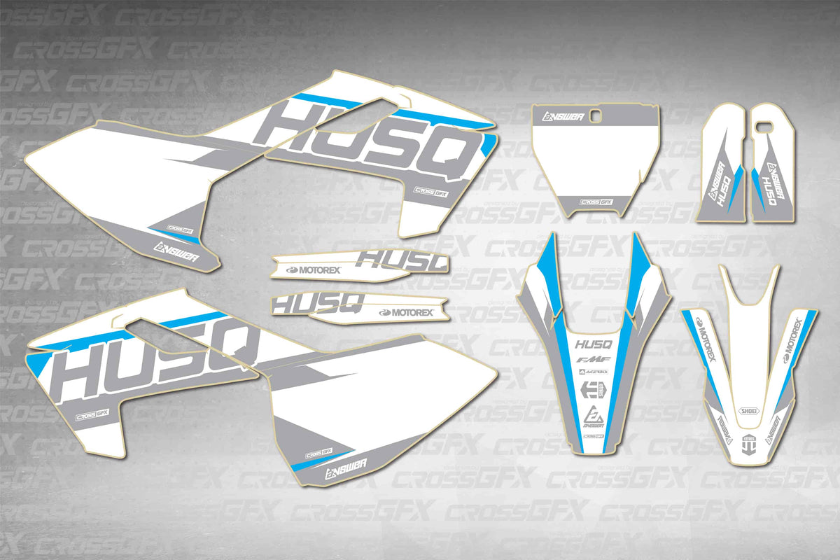 Husqvarna FS 450 2016-2018 Husq Blue graphics kit - flat layout showing all decal pieces included