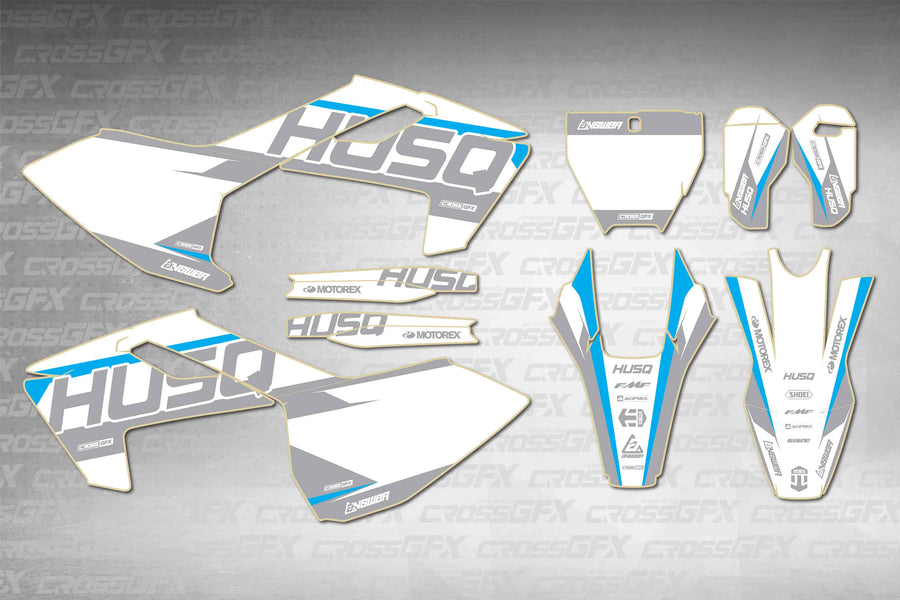 Husqvarna TC 2016-2018 Husq Blue graphics kit - flat layout showing all decal pieces included
