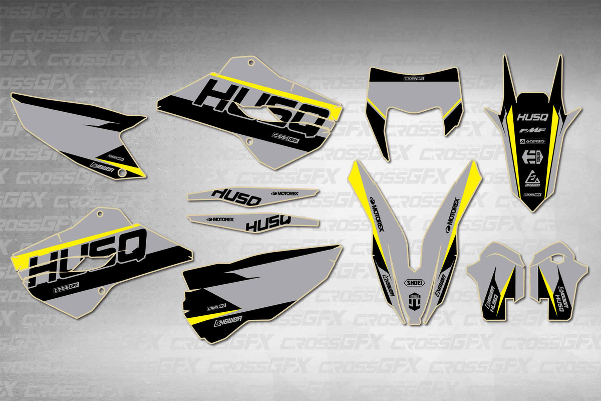 Husqvarna FE 2014-2016 Husq Grey graphics kit - flat layout showing all decal pieces included