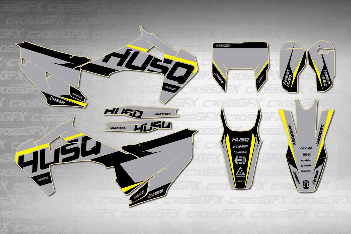 Husqvarna FE 2020-2023 Husq Grey graphics kit - flat layout showing all decal pieces included