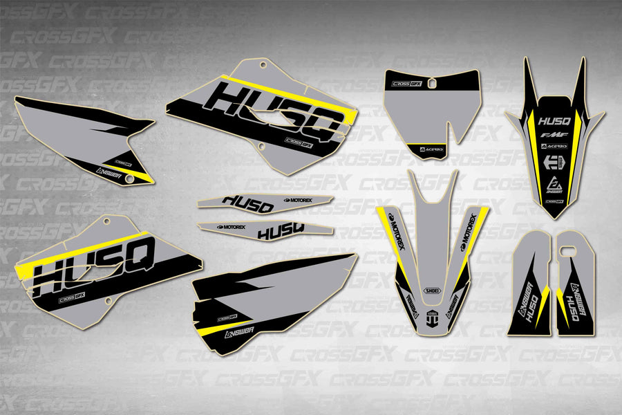 Husqvarna FS 450 2014-2015 Husq Grey graphics kit - flat layout showing all decal pieces included