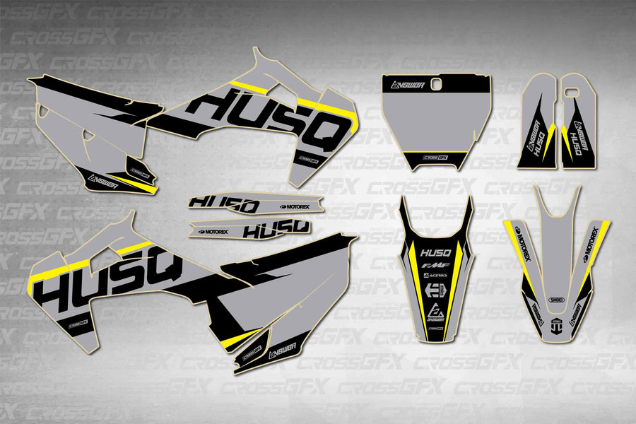 Husqvarna FS 450 2019-2022 Husq Grey graphics kit - flat layout showing all decal pieces included