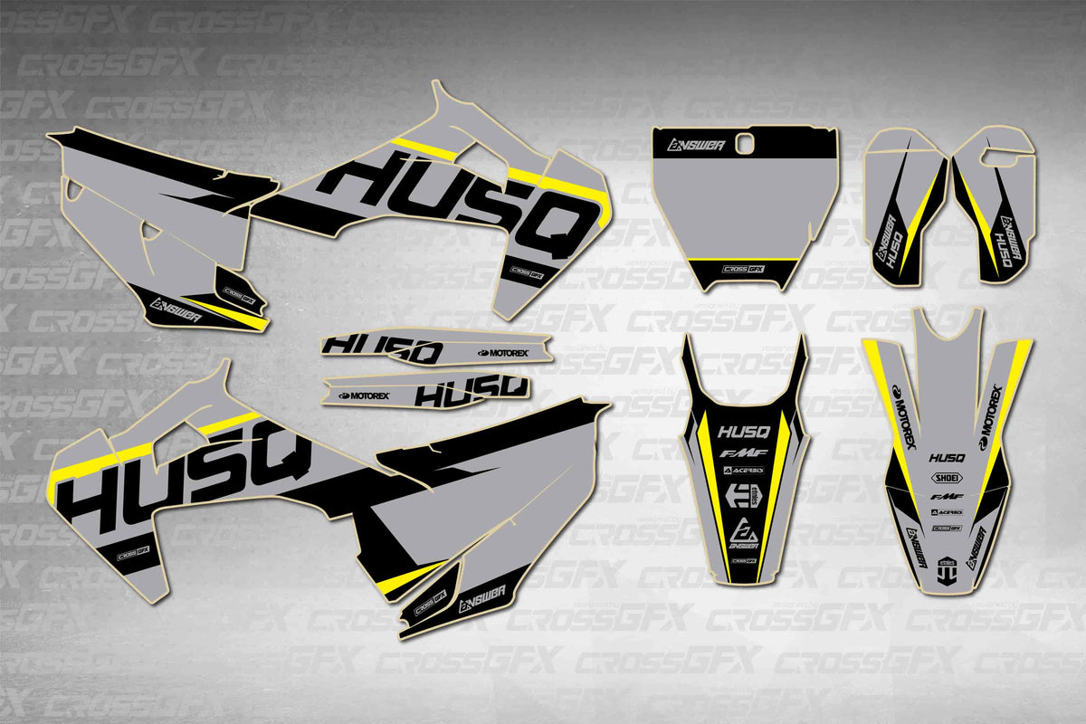 Husqvarna FX 2019-2022 Husq Grey graphics kit - flat layout showing all decal pieces included