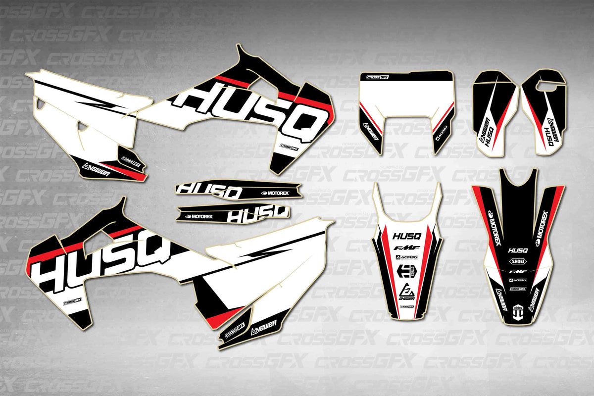 Husqvarna FE 2020-2023 Husq Red graphics kit - flat layout showing all decal pieces included
