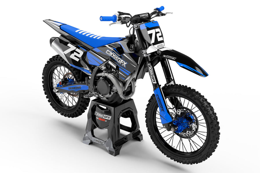 Front view of the Apex Blue graphics kit on a Husqvarna motocross bike.