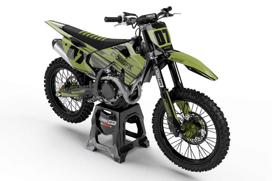 Front view of the Apex Military graphics kit on a Husqvarna motocross bike.