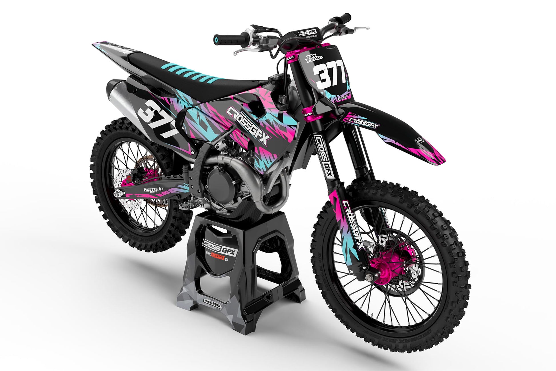 Front view of the Element Black graphics kit on a Husqvarna motocross bike.