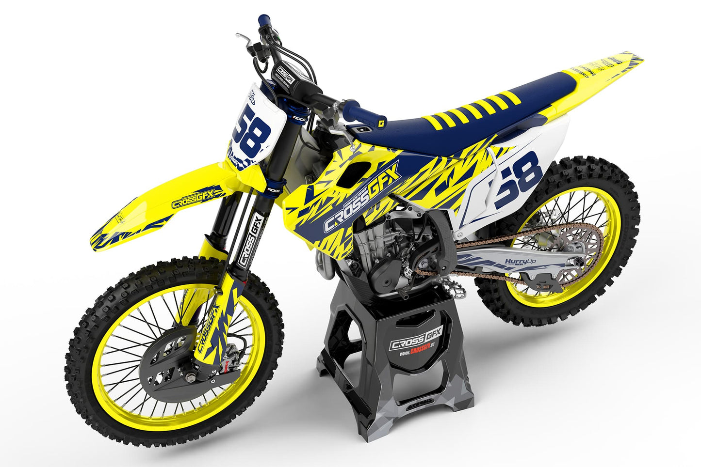 Side view of the Element Yellow custom graphics kit on a Husqvarna dirt bike.