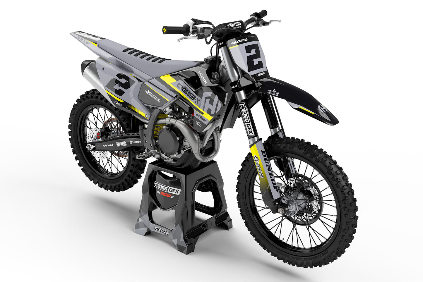 Front view of the Xcel Black graphics kit on a Husqvarna motocross bike.