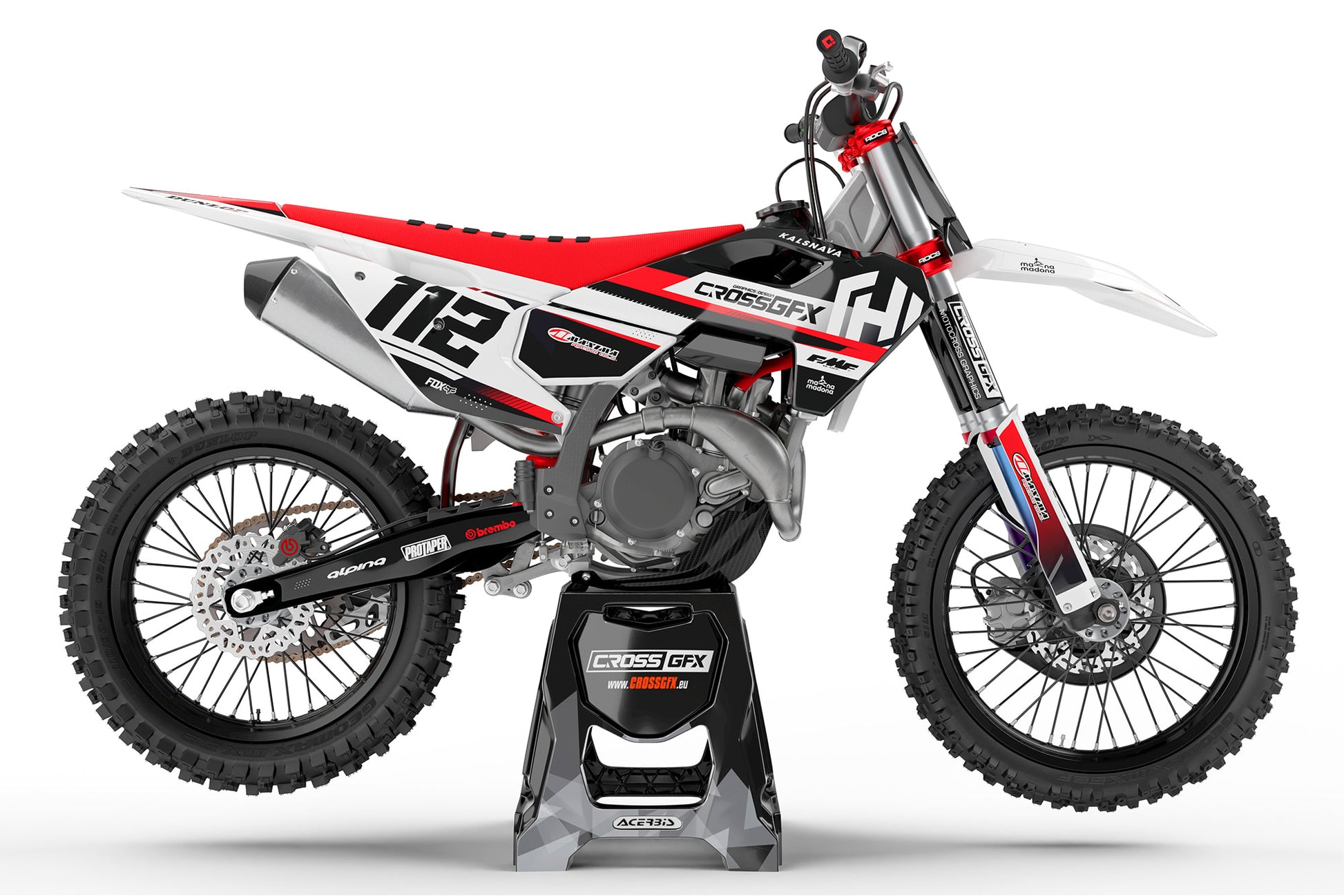 Side view of the Xcel Red custom graphics kit on a Husqvarna dirt bike.