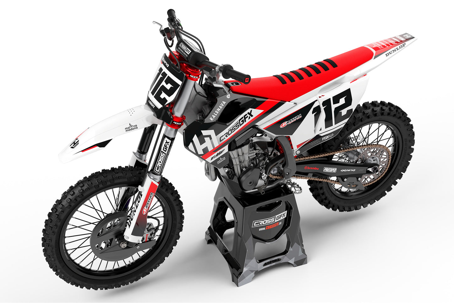 Left side view of the Xcel Red premium decal kit on a Husqvarna motorcycle.