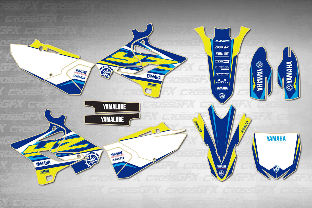 Graphics for Yamaha YZ 125 Polisport 2008-2014 - Jolt Blue - flat layout showing all decal pieces included
