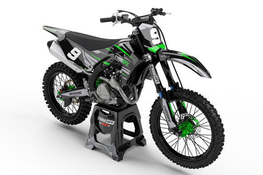 Front view of the APEX Black graphics kit for a Kawasaki dirt bike.