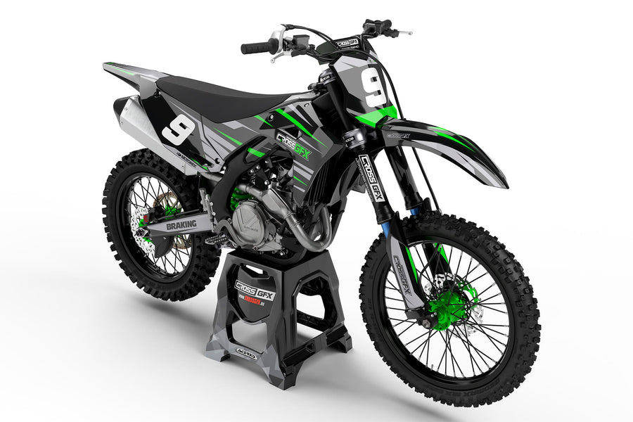 Front view of the APEX Black graphics kit for a Kawasaki dirt bike.