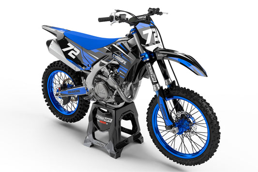 Front view of the APEX Blue graphics kit for a Kawasaki motocross bike.