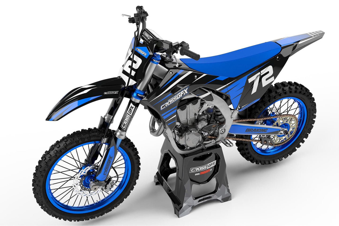 Left side view of the APEX Blue graphics kit for a Kawasaki motocross bike.
