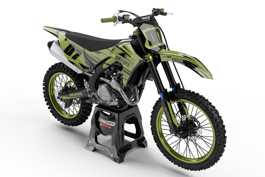 Front view of the APEX Military graphics kit for a Kawasaki motocross bike.