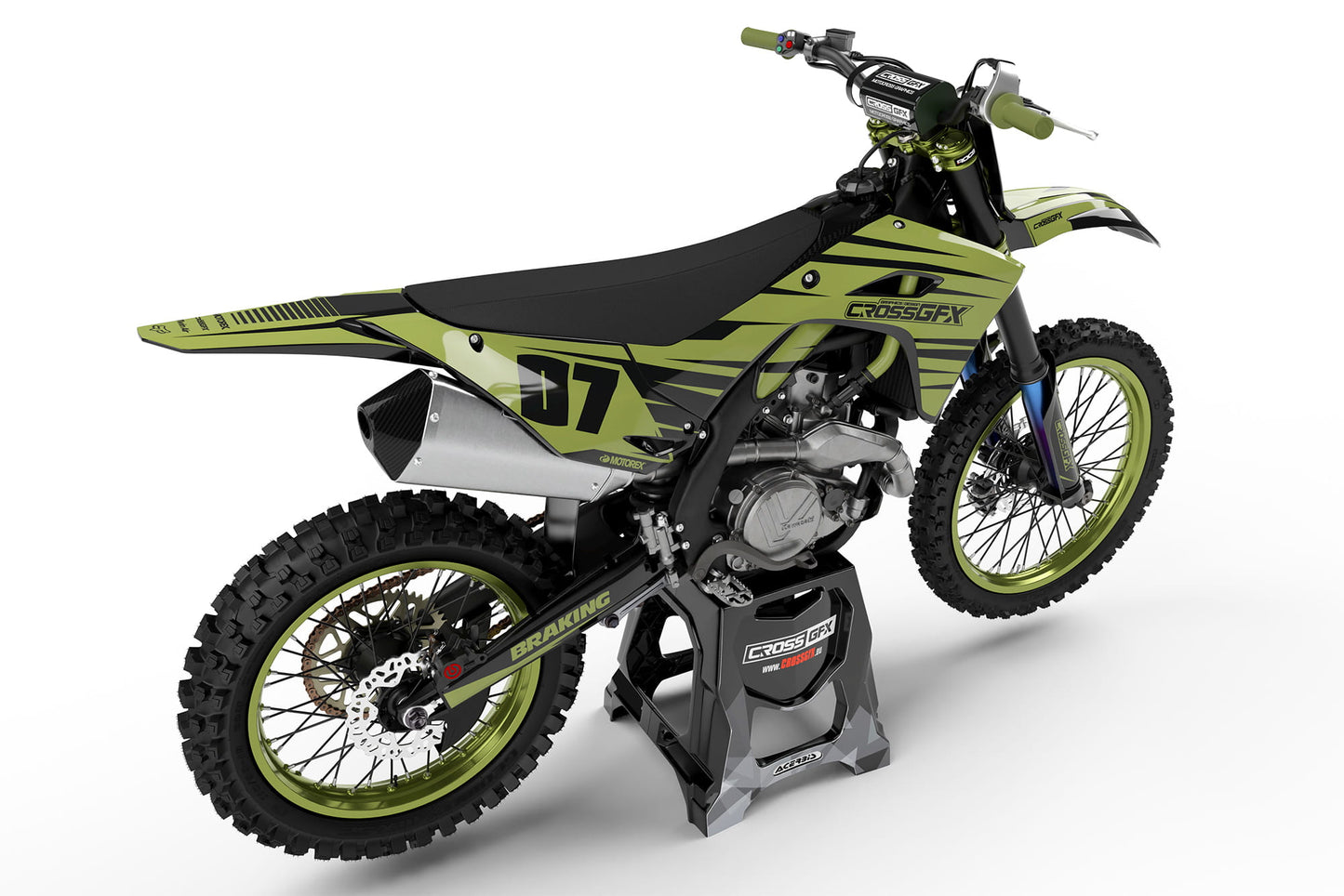 Rear view of the APEX Military graphics kit on a Kawasaki dirt bike.