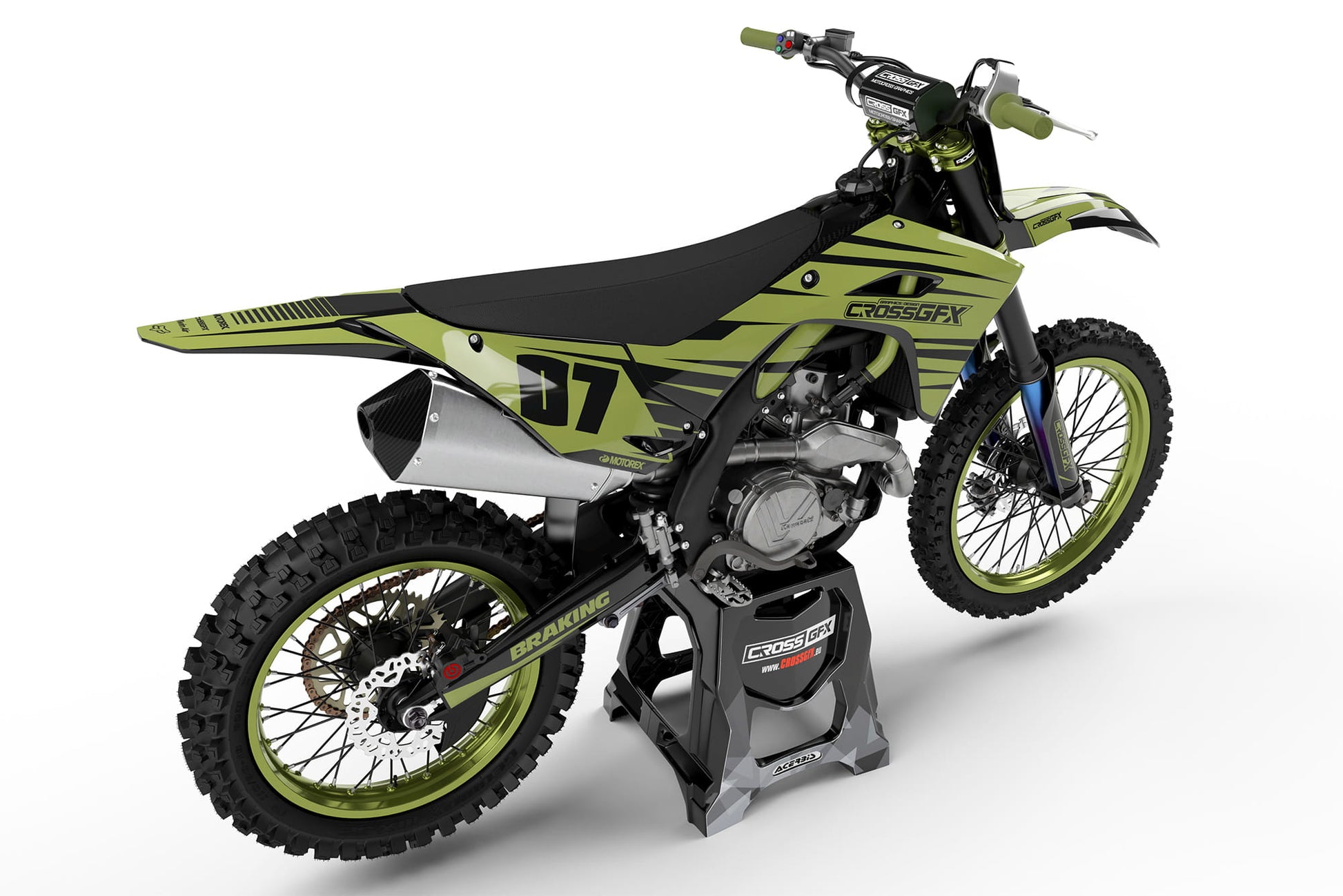 Rear view of the APEX Military graphics kit on a Kawasaki dirt bike.