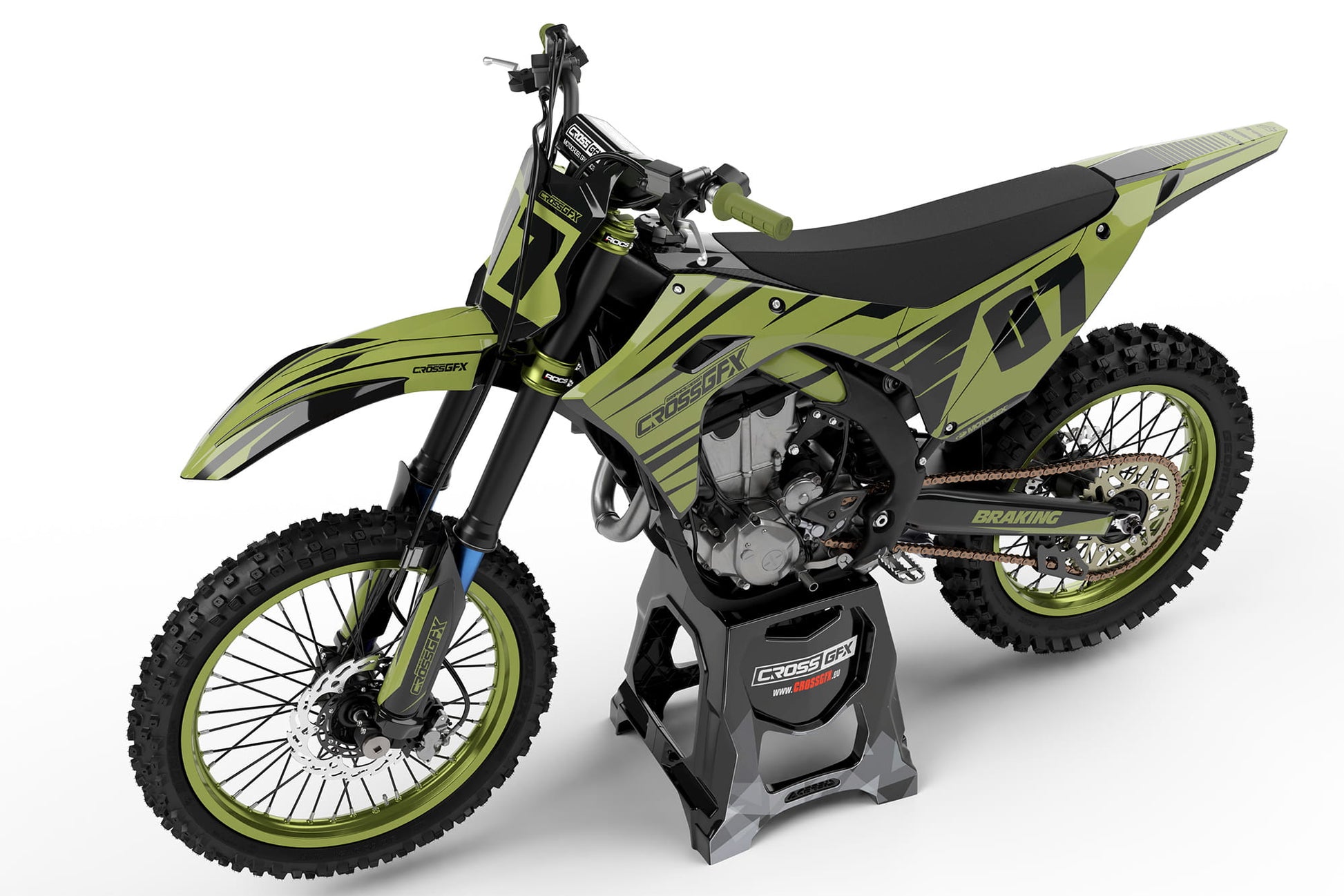 Left side view of the APEX Military graphics kit for a Kawasaki motocross bike.