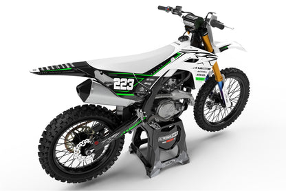 Rear fender and side panel view of the Flux White custom decal set on a Kawasaki.