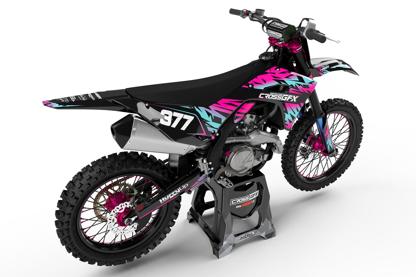 Rear view of the ELEMENT Black graphics kit on a Kawasaki dirt bike.