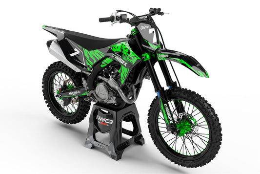 Front view of the ELEMENT Green graphics kit for a Kawasaki motocross bike.