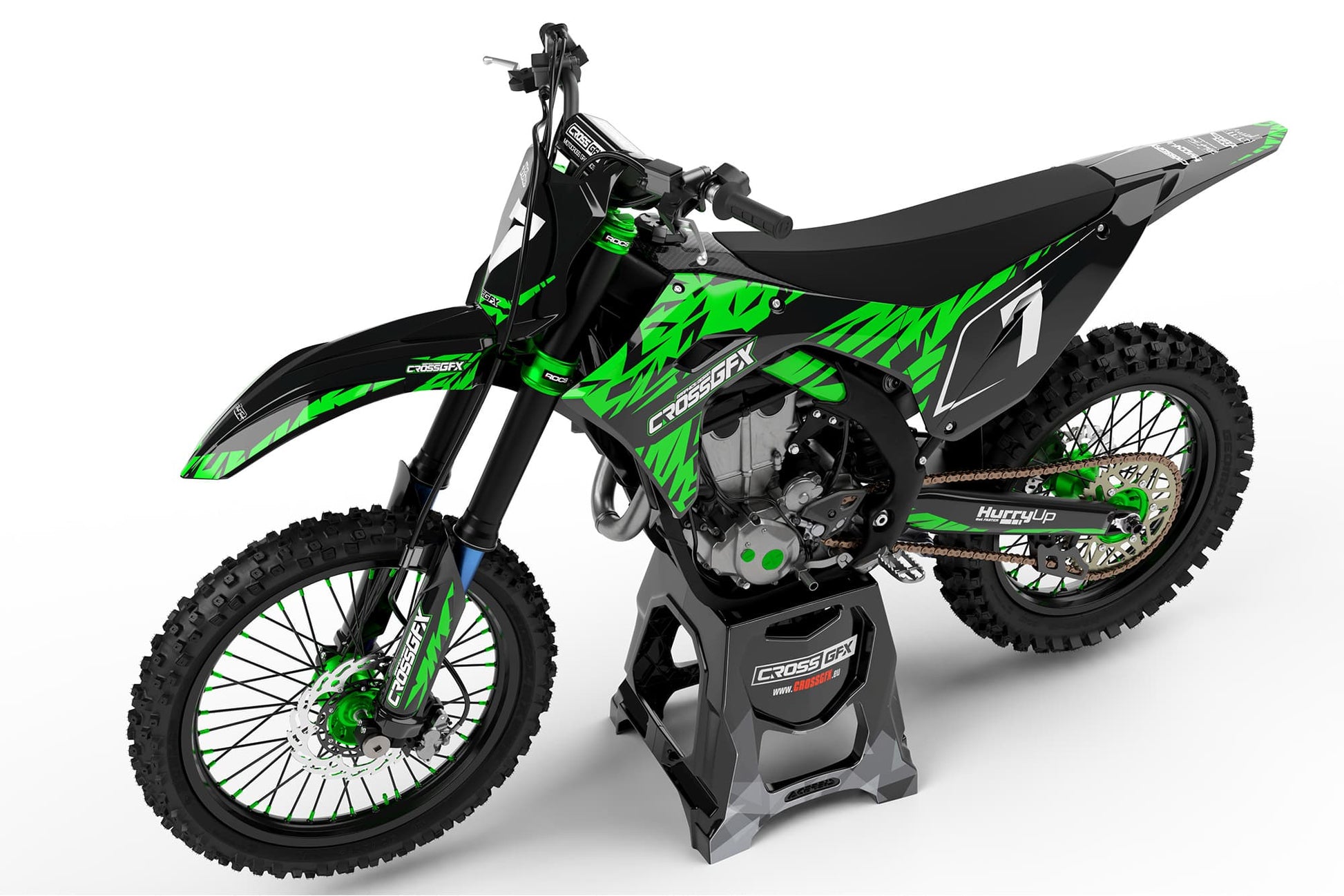 Left side view of the ELEMENT Green graphics kit for a Kawasaki motocross bike.