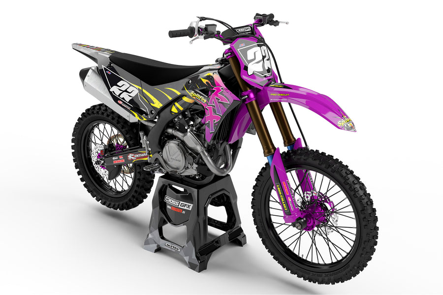 Front view of the Flame Purple decals kit on a Kawasaki dirt bike.