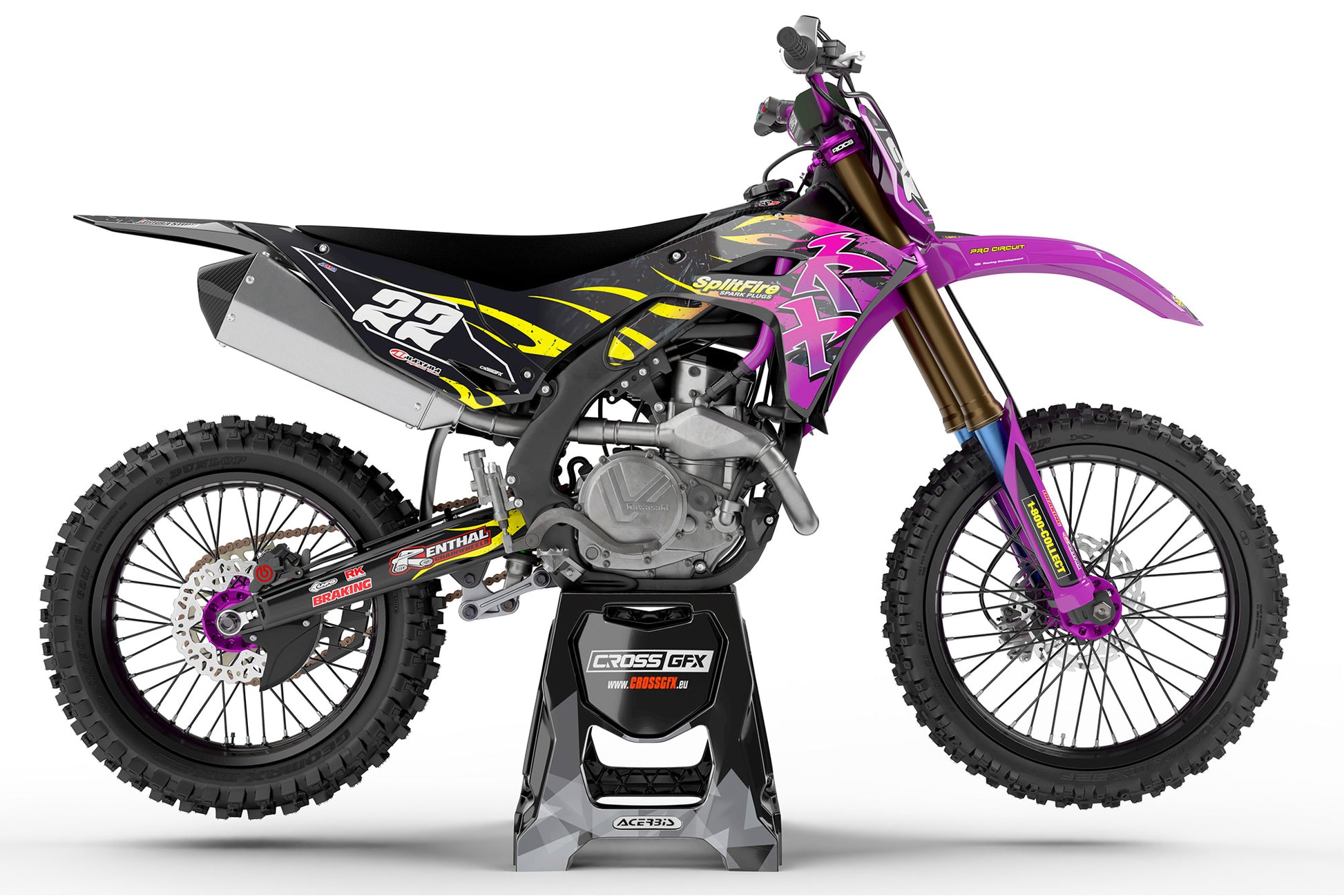 Side view of the Flame Purple decal kit on a Kawasaki motocross bike.