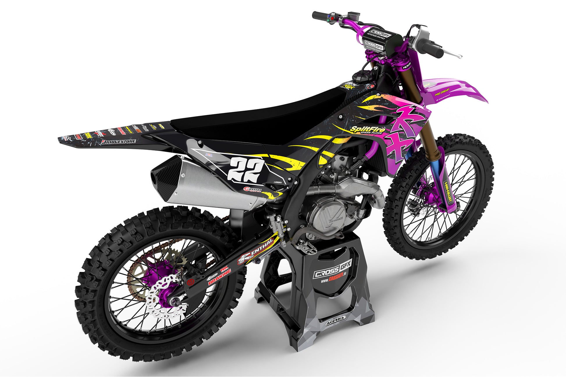 Rear view of the Flame Purple graphics kit on a Kawasaki dirt bike.