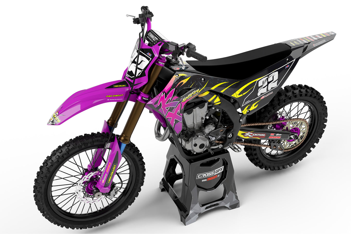 Left side view of the Flame Purple decal kit on a Kawasaki motocross bike.