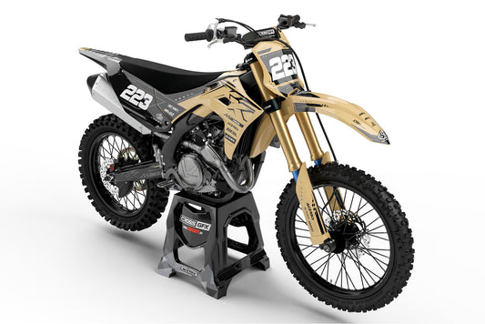 Front view of the Flux Brown motocross graphics kit on a Kawasaki dirt bike.