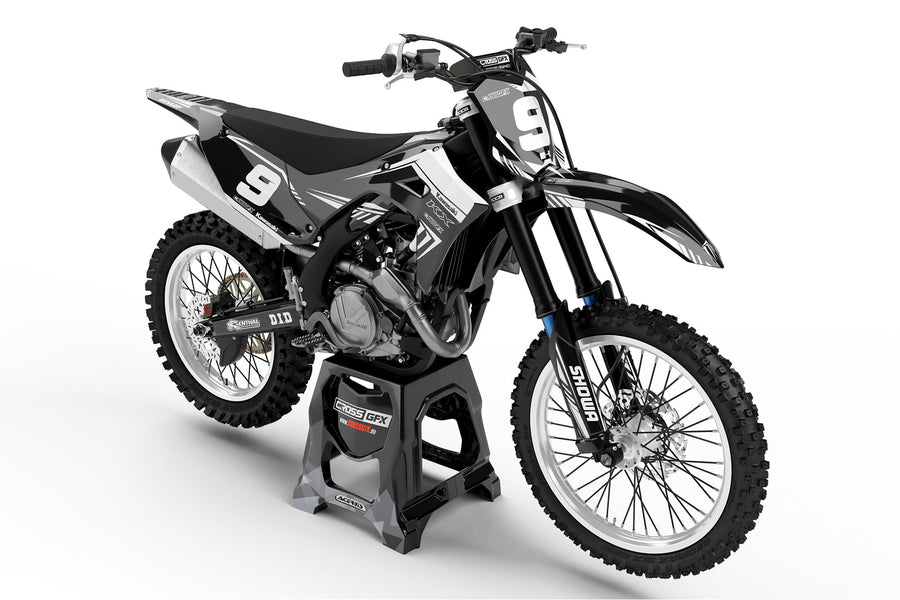 Front view of the SHIFT Black graphics kit for a Kawasaki motocross bike.