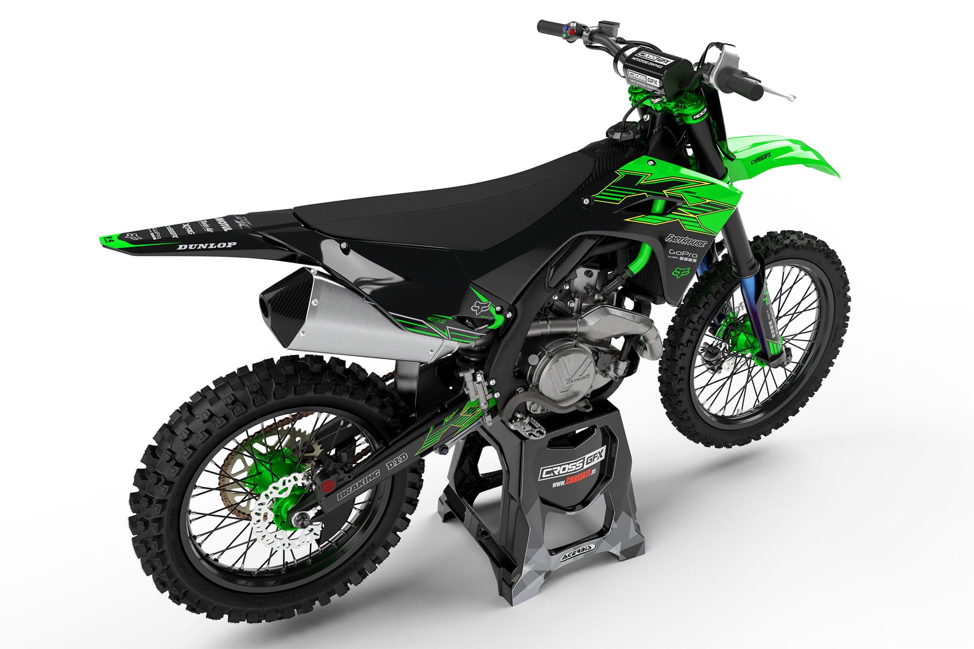 Rear view of the PEAK Green graphics kit on a Kawasaki dirt bike.