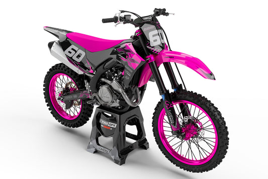 Front view of the PEAK Pink graphics kit for a Kawasaki motocross bike.