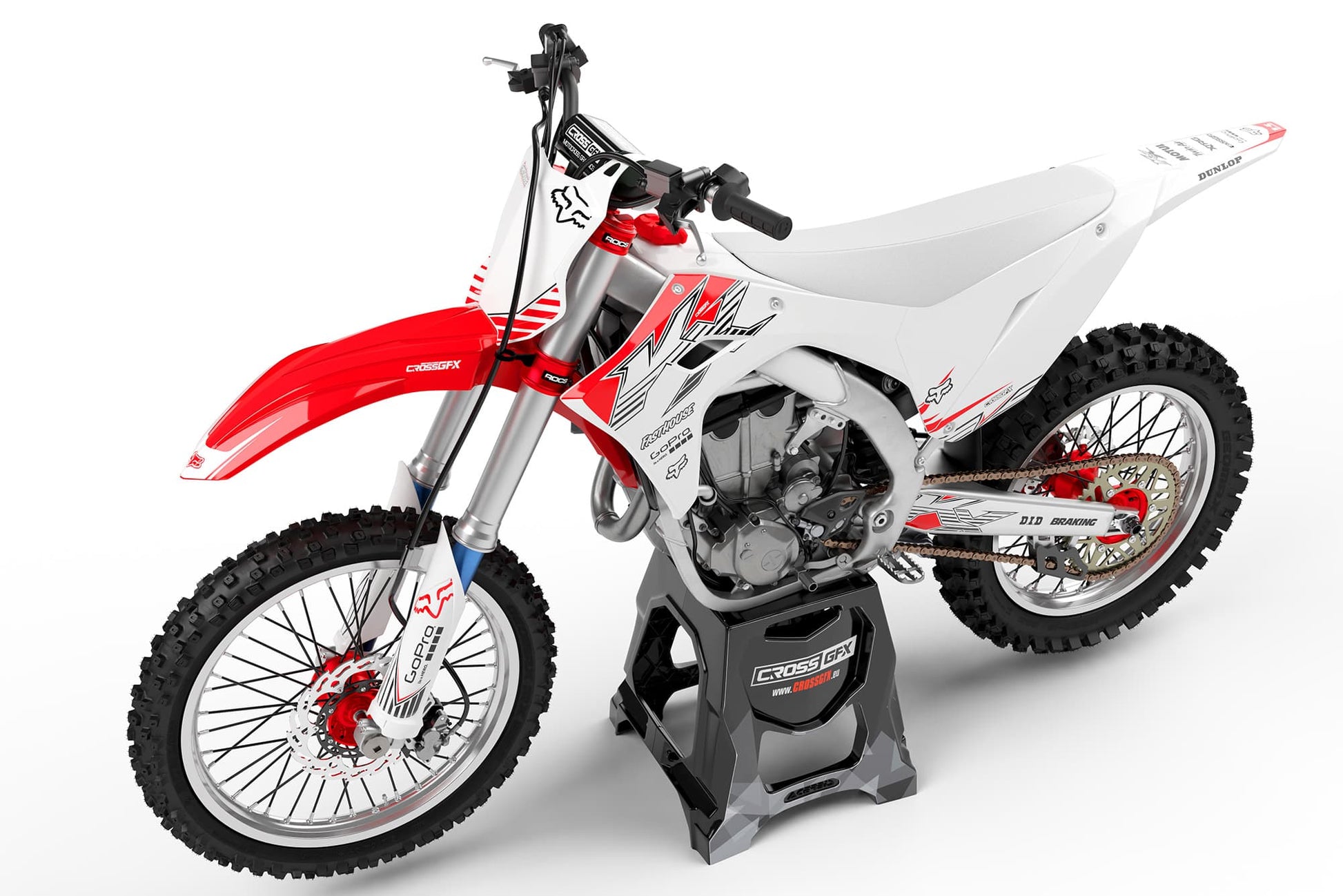 Left side view of the PEAK White graphics kit for a Kawasaki motocross bike.