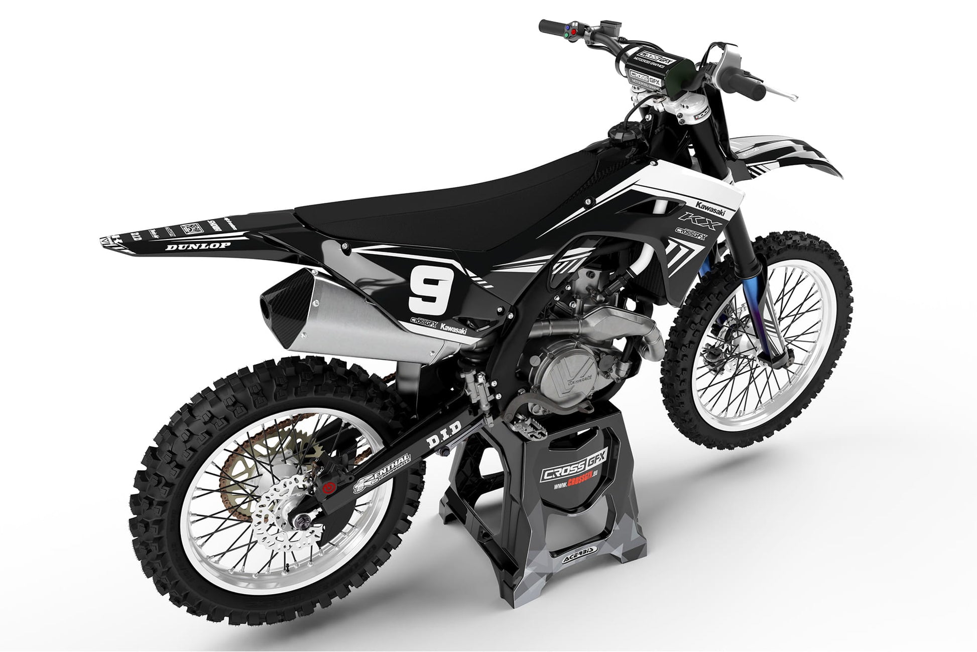 Rear view of the SHIFT Black graphics kit on a Kawasaki dirt bike.