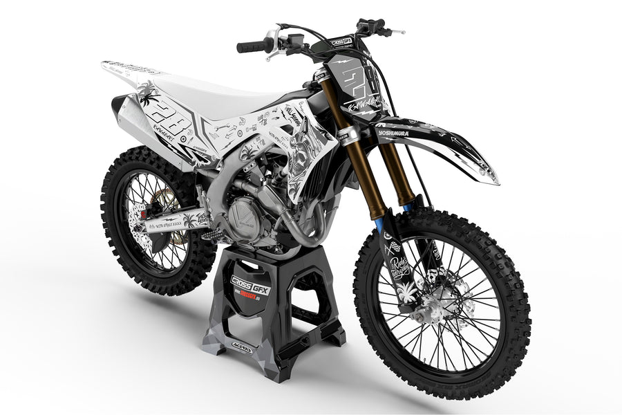 Front view of the Skull White decals kit for a Kawasaki dirt bike.
