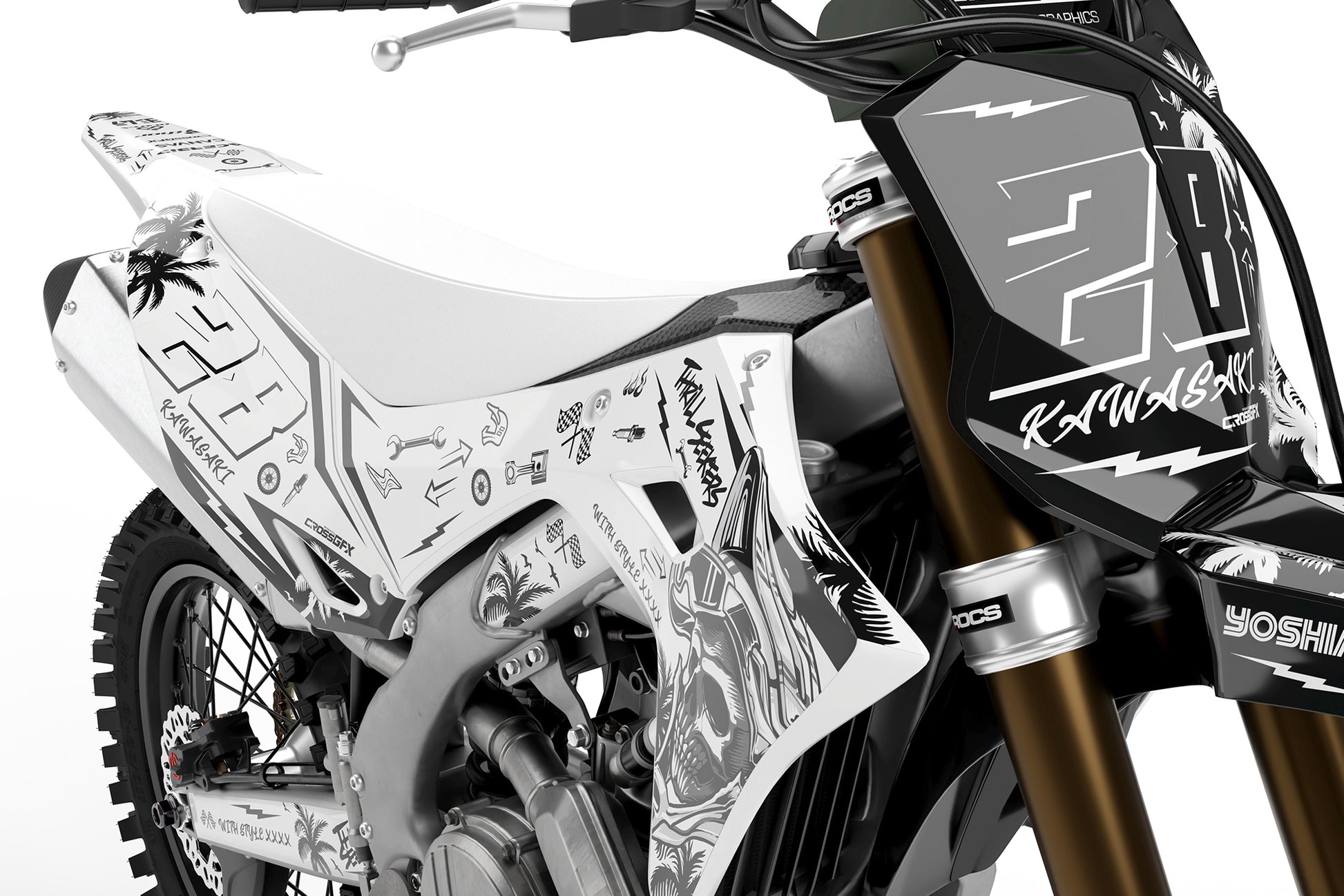 Promotional image of the Skull White decals kit for a Kawasaki dirt bike.