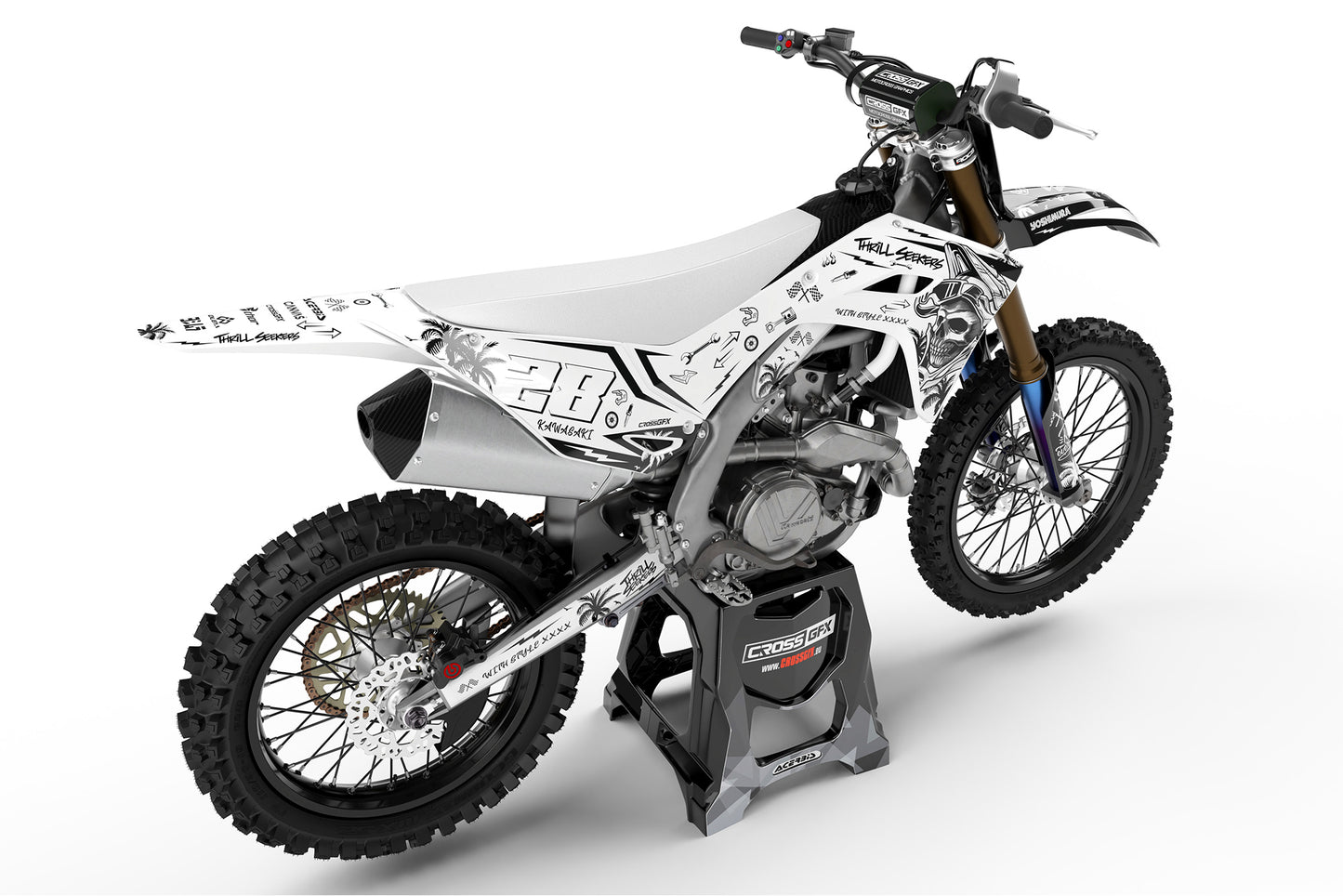 Rear view of the Skull White decals kit on a Kawasaki dirt bike.