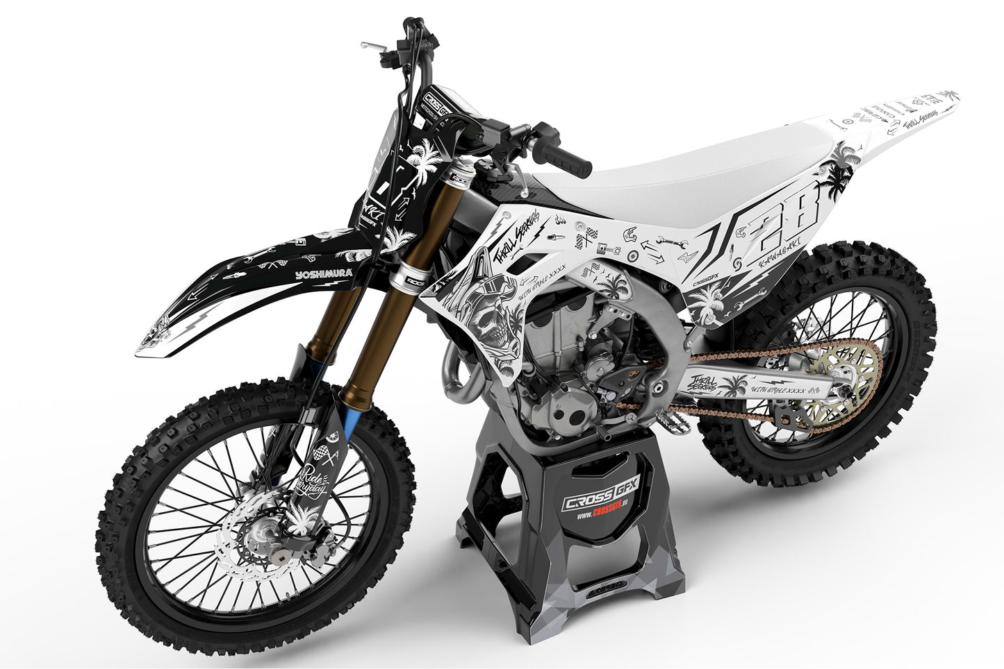 Left side view of the Skull White decals kit on a Kawasaki dirt bike.