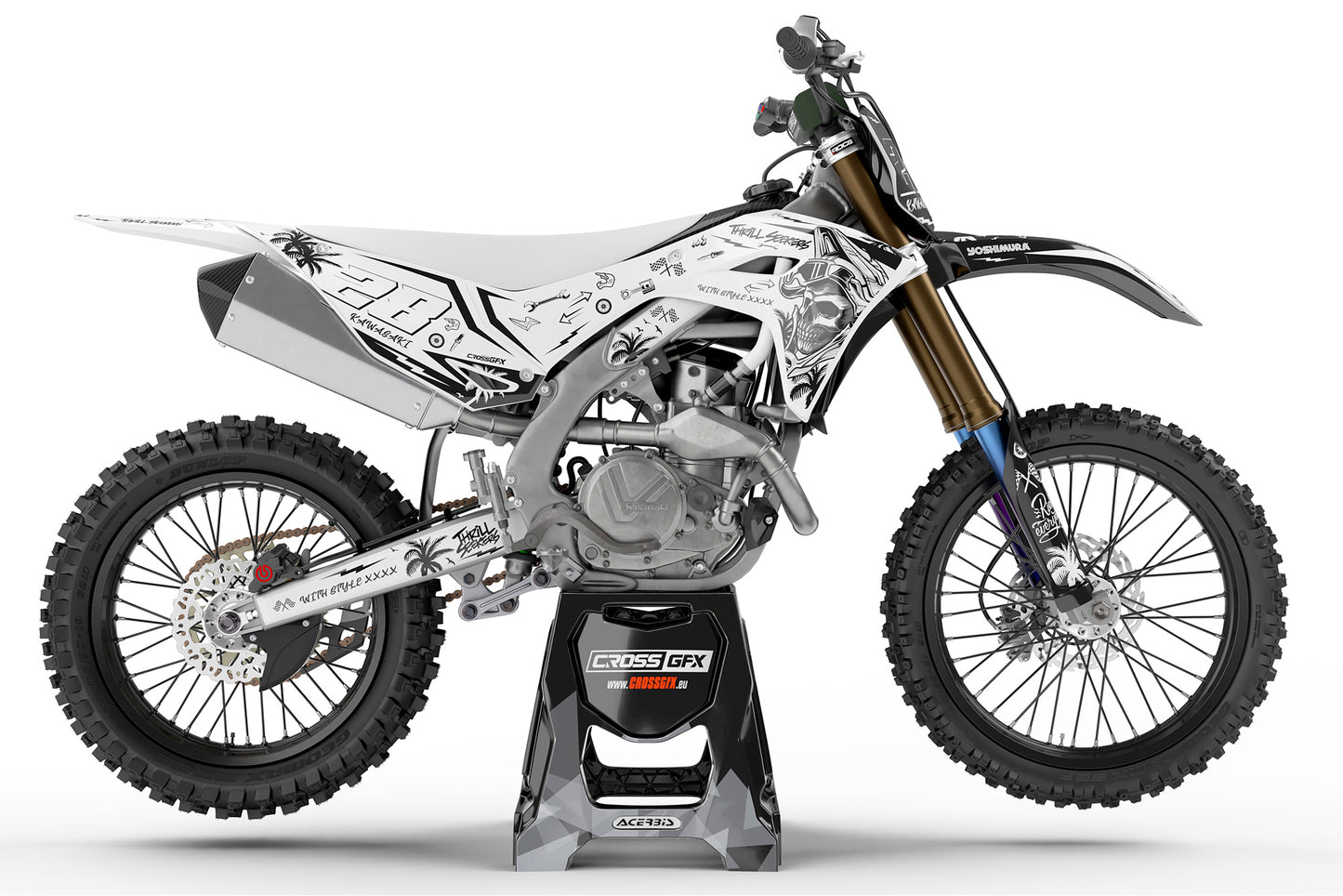 Right side view of the Skull White decals kit for a Kawasaki dirt bike.