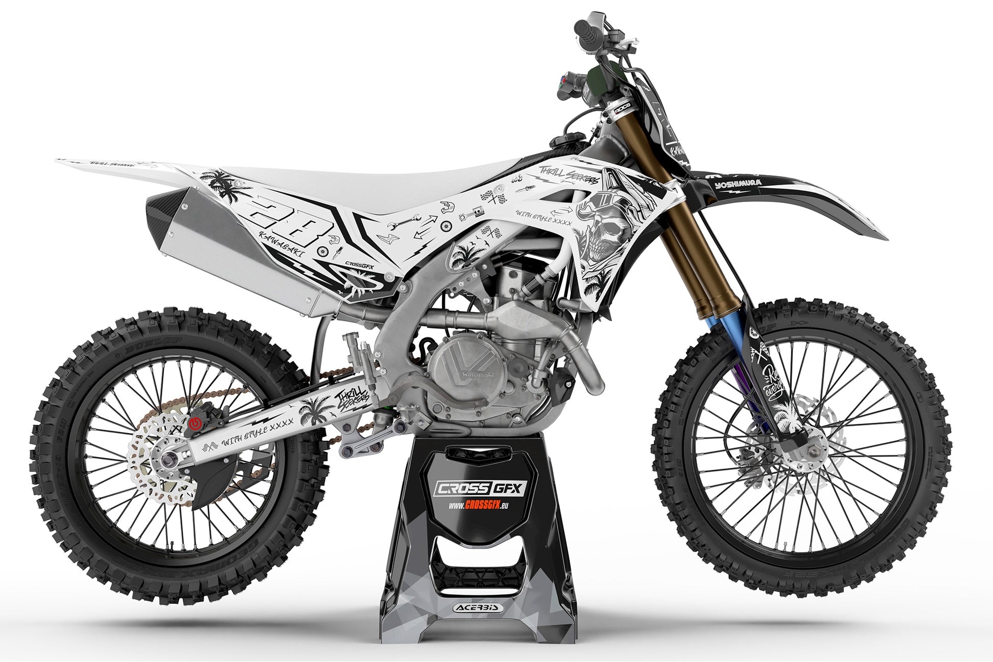 Right side view of the Skull White decals kit for a Kawasaki dirt bike.