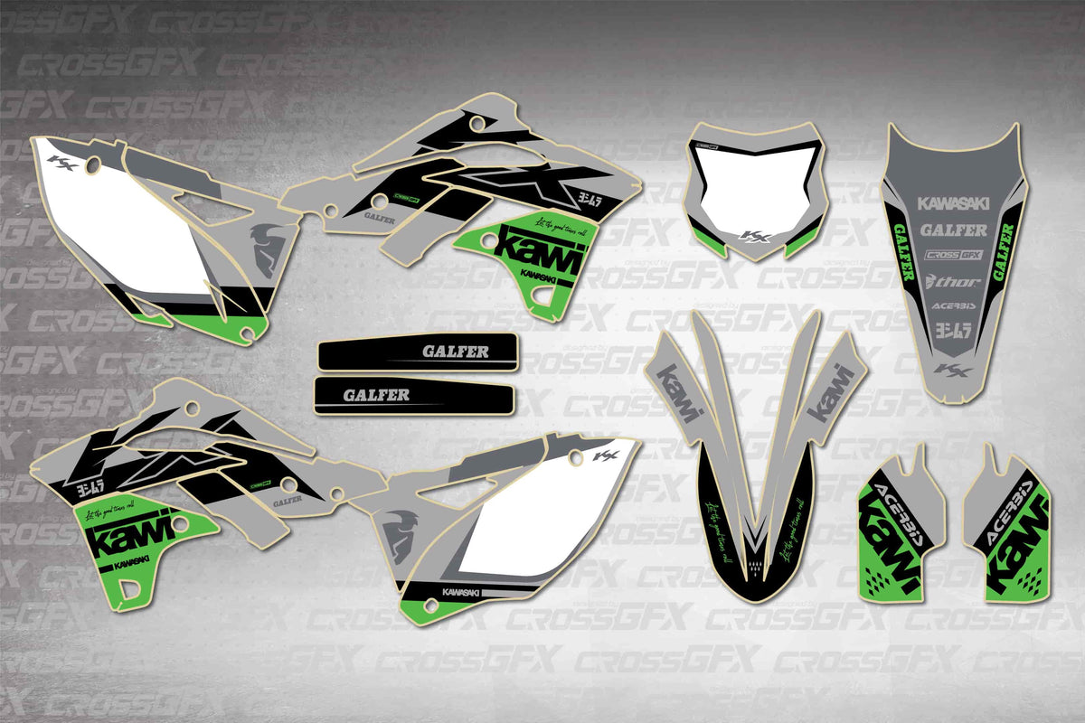 Graphics for Kawasaki KX 250F 2013-2016 - Kawi Green - flat layout showing all decal pieces included