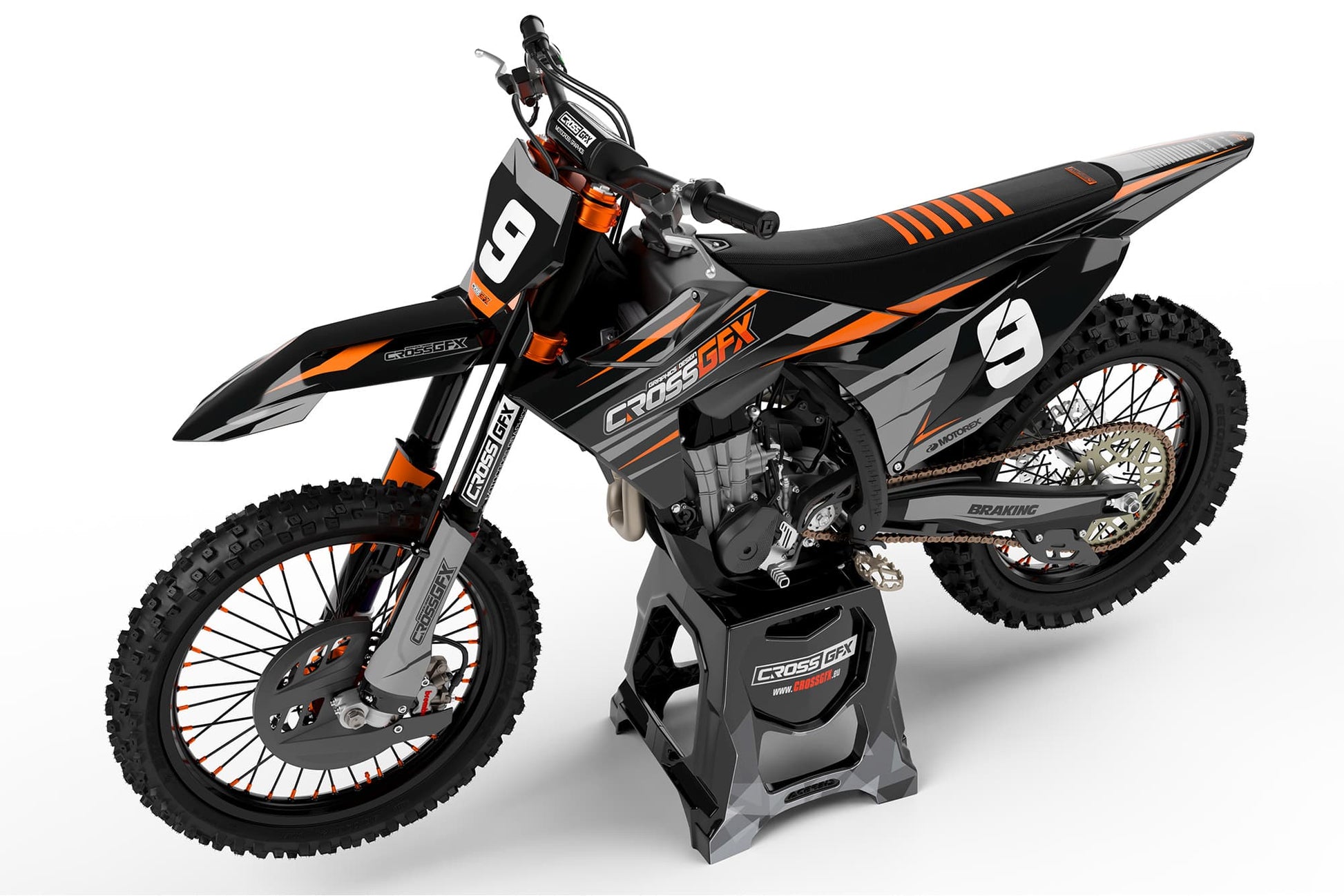 Left view of the Apex Black off-road decal kit on a KTM motorcycle.