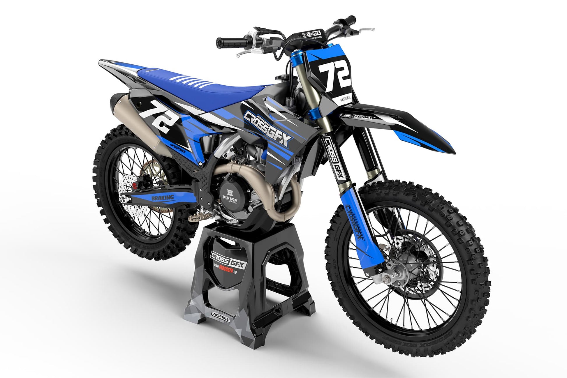 Front view of the Apex Blue motocross graphics kit on a KTM dirt bike.