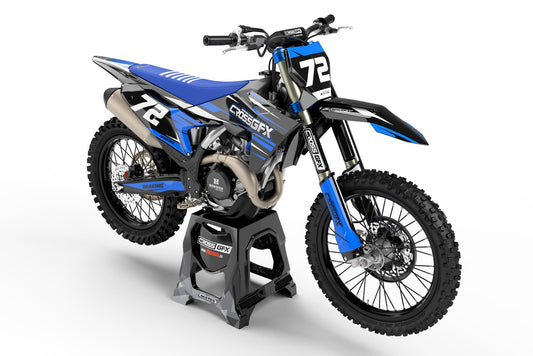 Front view of the Apex Blue motocross graphics kit on a KTM dirt bike.